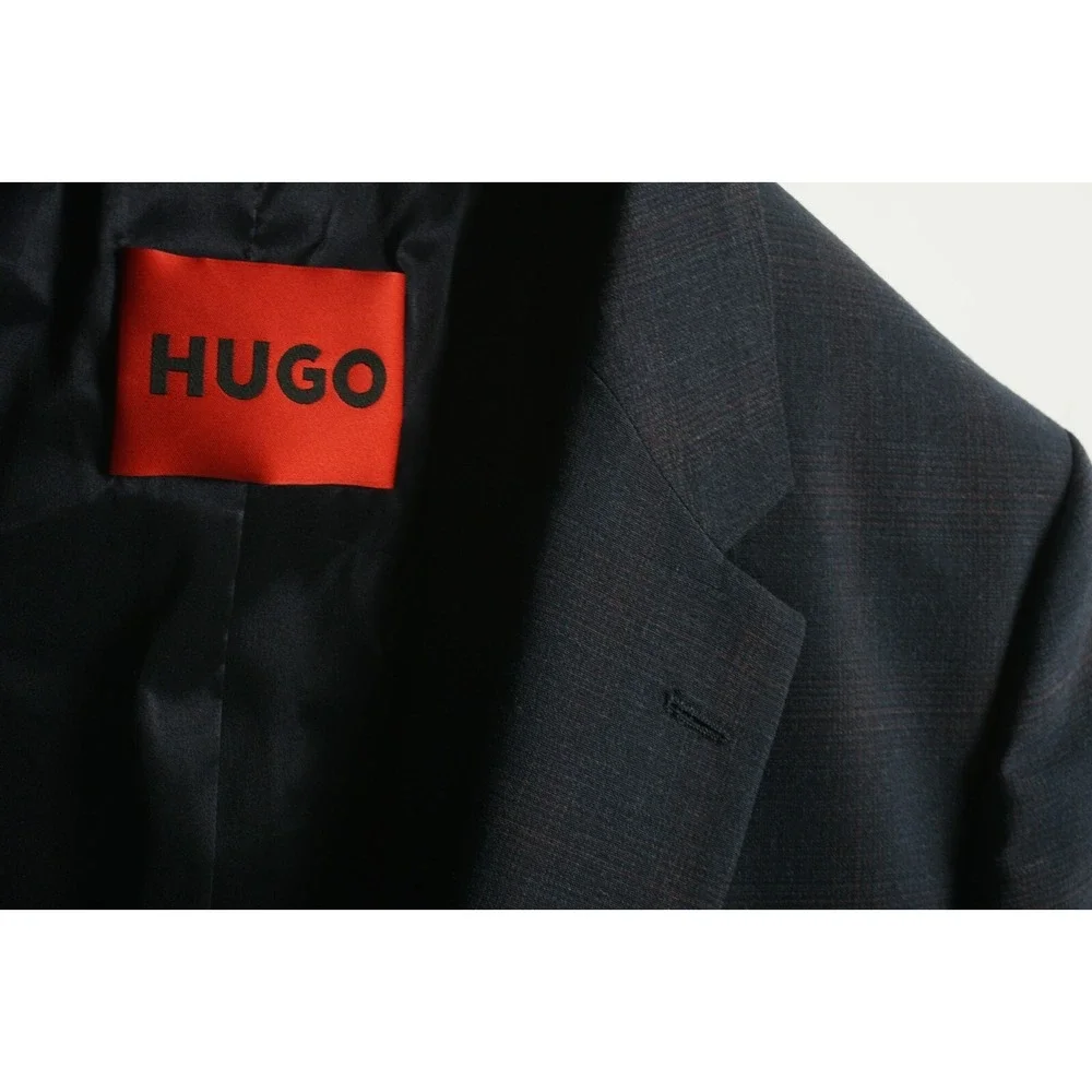 New $495 Hugo Boss Super Flex Transseasonal Mens 38R Dark Blue Plaid Suit Jacket